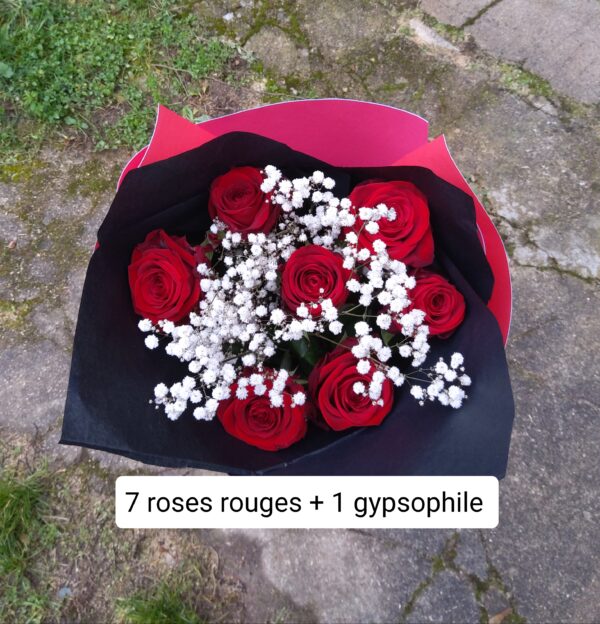 7 roses rouges + 1 gypsophile + livraison